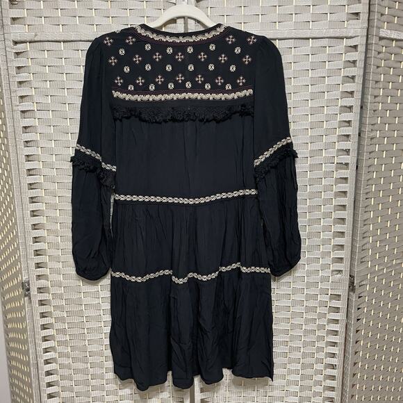 American Eagle Tiered Peasant Dress Size XS Black Embroidered Tassels Boho NEW - Picture 2 of 12